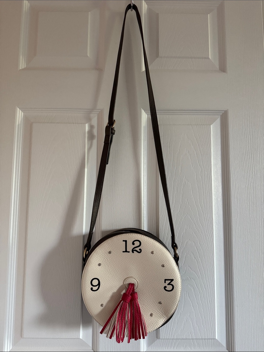 Excellent Condition Round White Crossbody Bag with Red Tassel